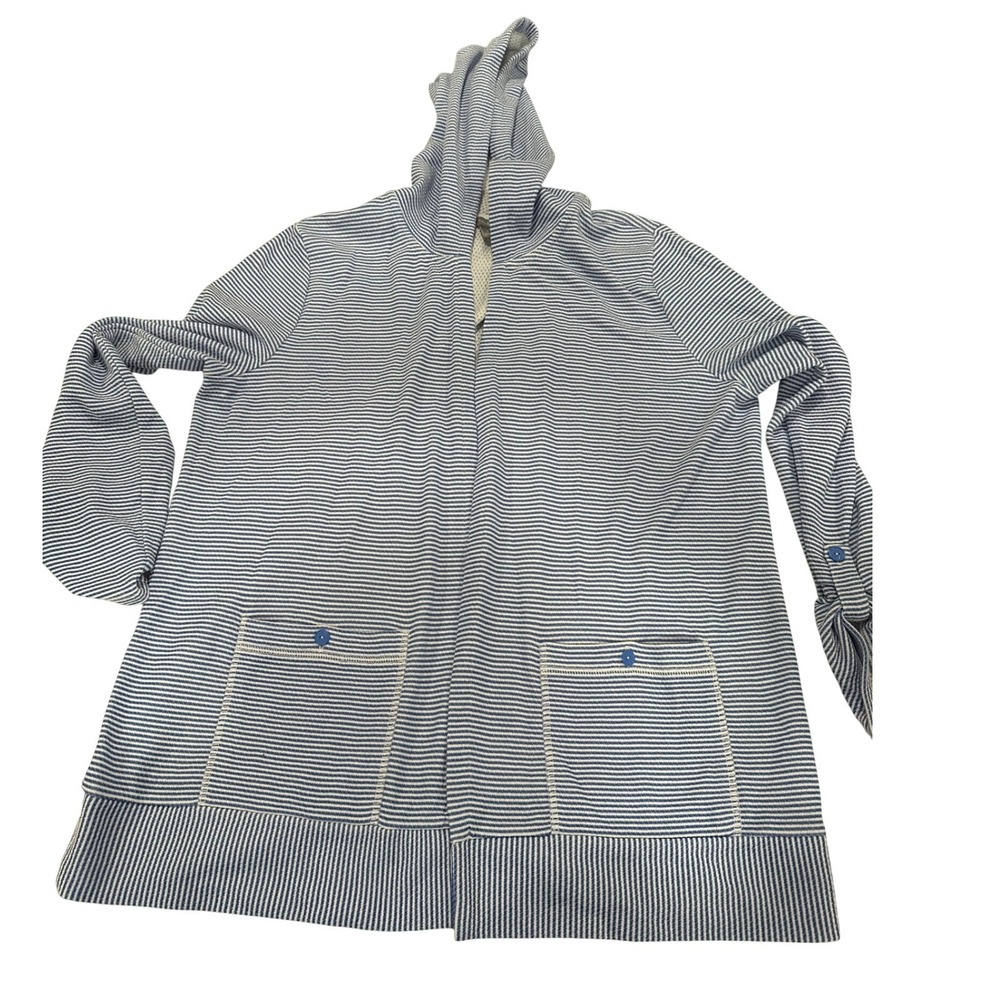 Talbots T by Talbots‎ Blue White Striped Hooded Open Front Cardigan Jacket Large